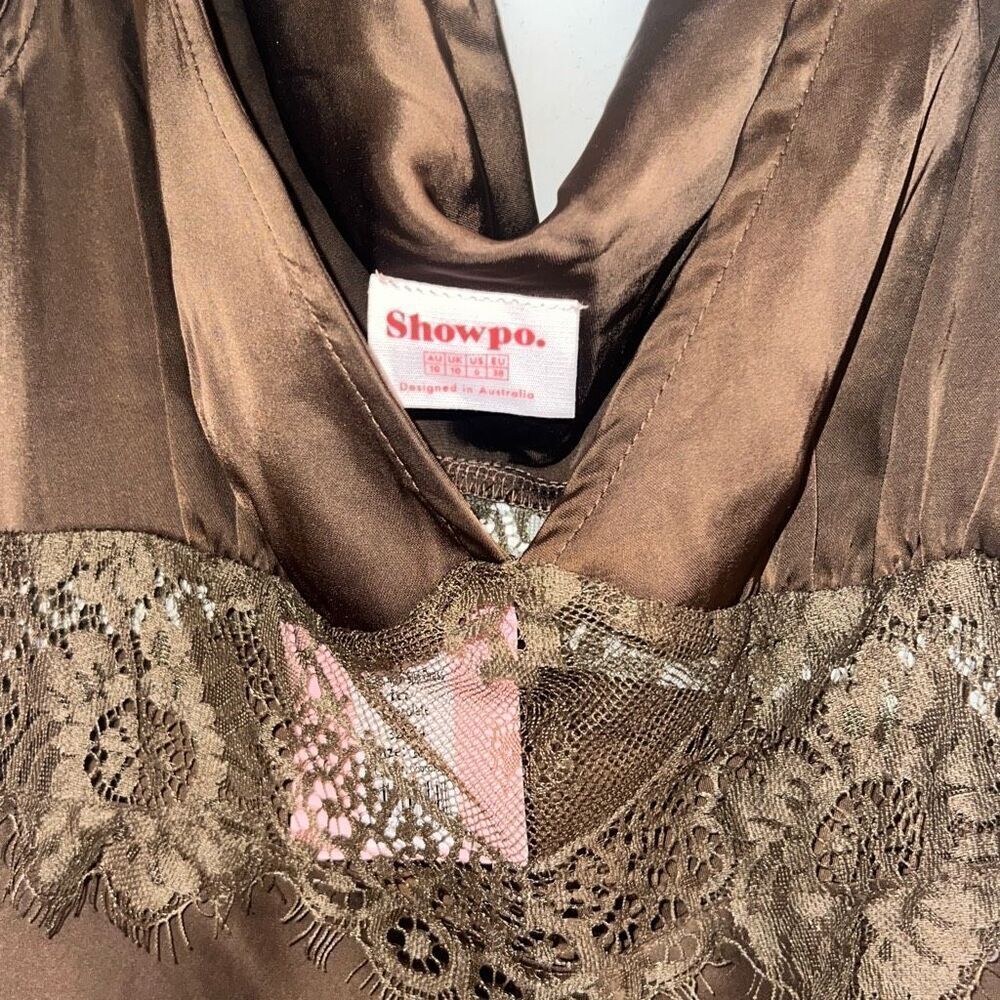 ✨JULIET MIDI DRESS - V NECK LACE INSERT SATIN SLIP SZ 6 DRESS IN CHOCOLATE✨ - Picture 10 of 13